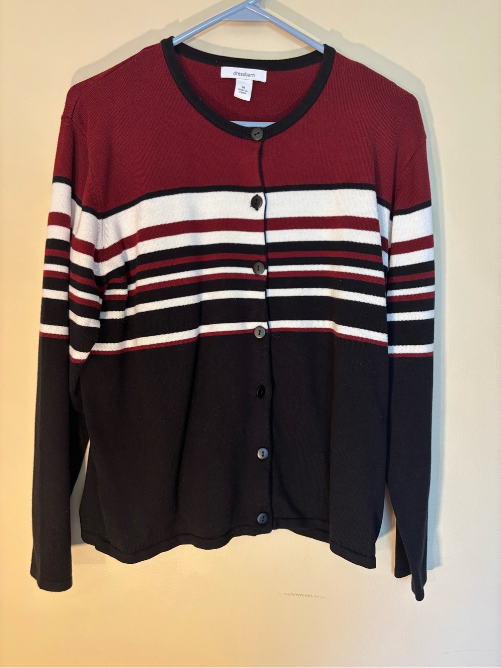 dressbarn Red, Black and White Striped Button-Front Cardigan